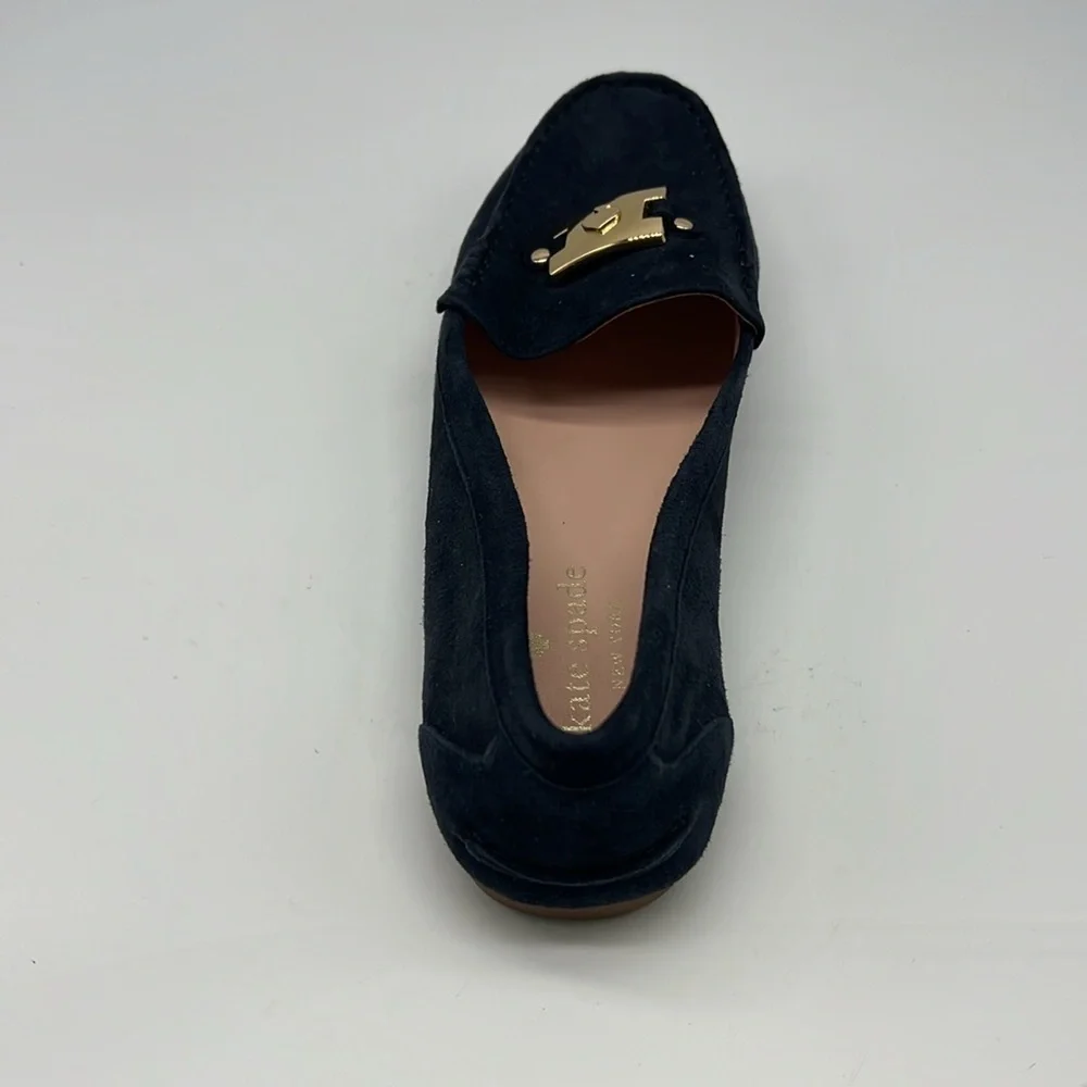 Kate Spade - Carmen Navy Suede Gold Logo Round Toe Driving Loafer Size 8